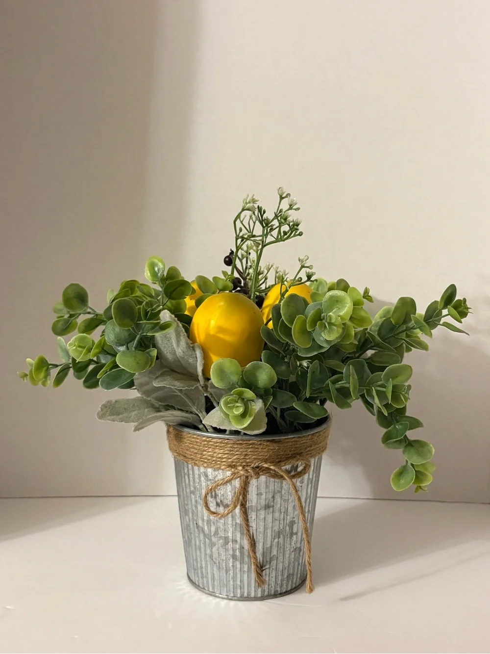 Artificial Eucalyptus & Lemon Arrangement Centerpiece in Galv Metal Pot Cottage